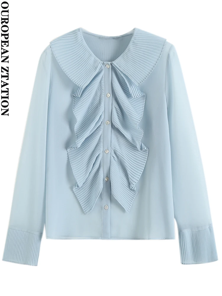 

PAILETE Women 2023 fashion with ruffles semi-sheer blouses vintage long sleeve button-up female shirts blusas chic tops