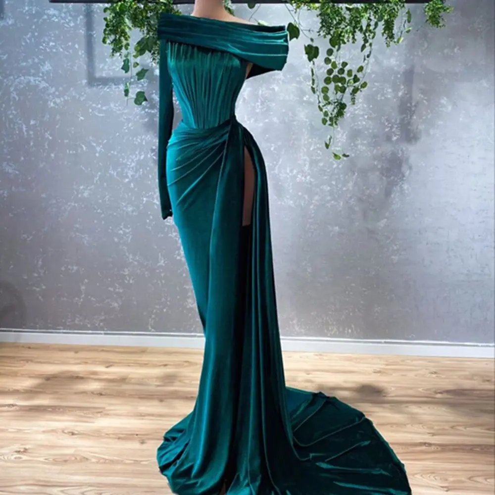 

Темно-зеленые вельветовые вечерние платья с юбкой-годе, на одно плечо, с длинным рукавом, официальное платье с высоким разрезом, вечернее пл...