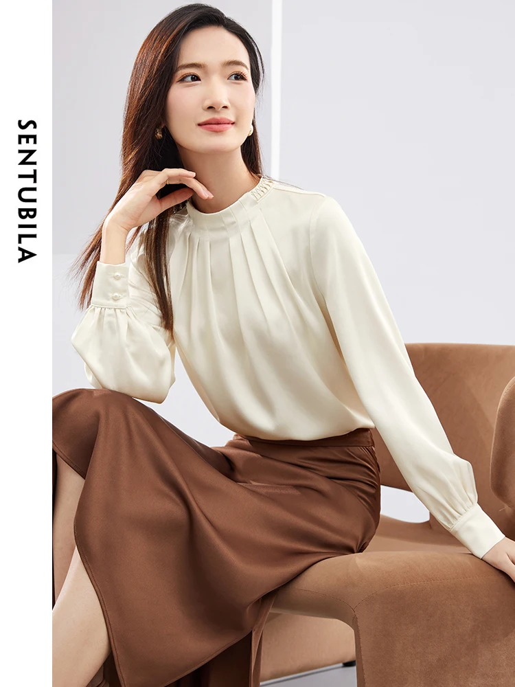 Женская Однотонная рубашка с круглым вырезом длинным рукавом