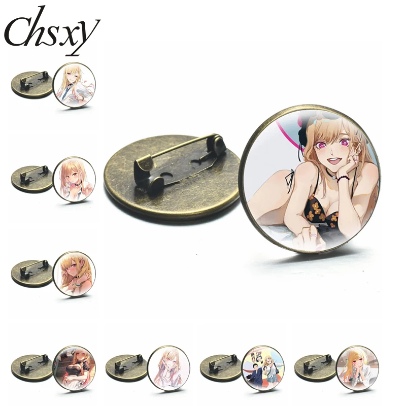 

Anime My Dress Up Darling Brooch Badge Pin Kitagawa Marin Kuroe Shizuku Kawaii Figures Lapel Pins Round Glass Dome Jewelry Gifts