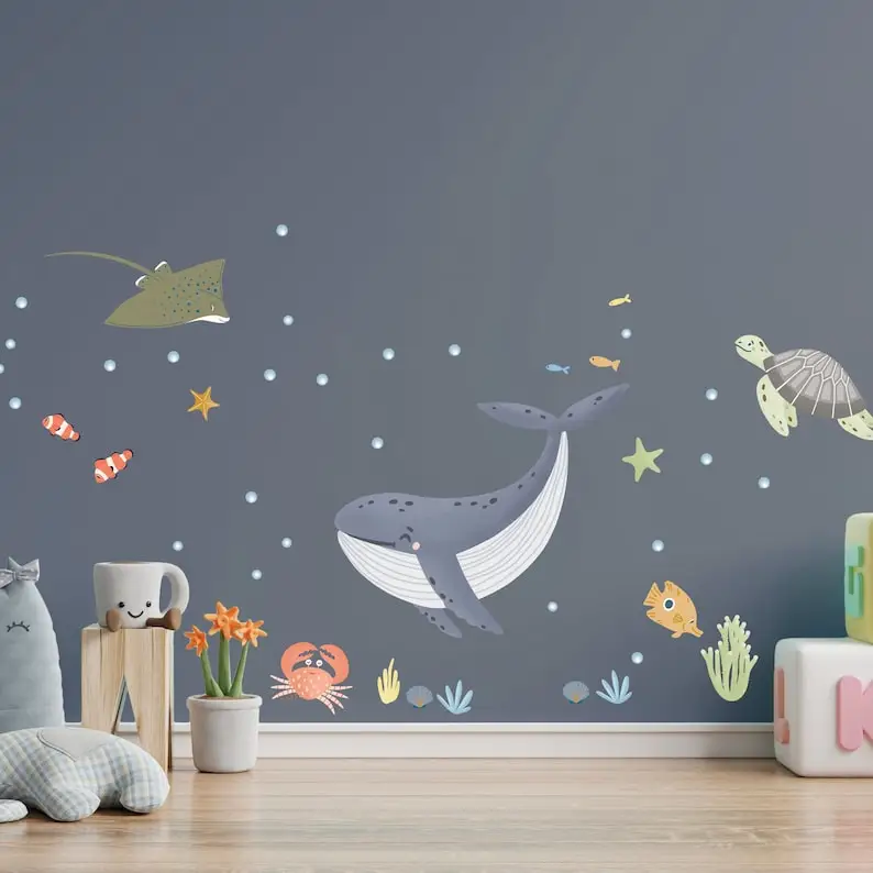 

Sea Theme Nautical Wall Stickers | Wall Decals for Kids Bedroom, Nursery, Playroom | PVC-Free, Reusable Peel & Stick Fabric Deca