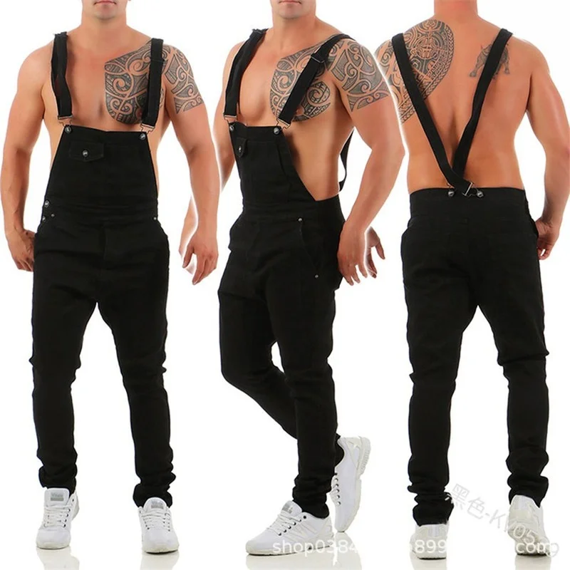 New Spaghetti Strap Jeans Jumpsuit for Men Ripped Trousers Trendy Mens Overalls  Vintage Jeans Men