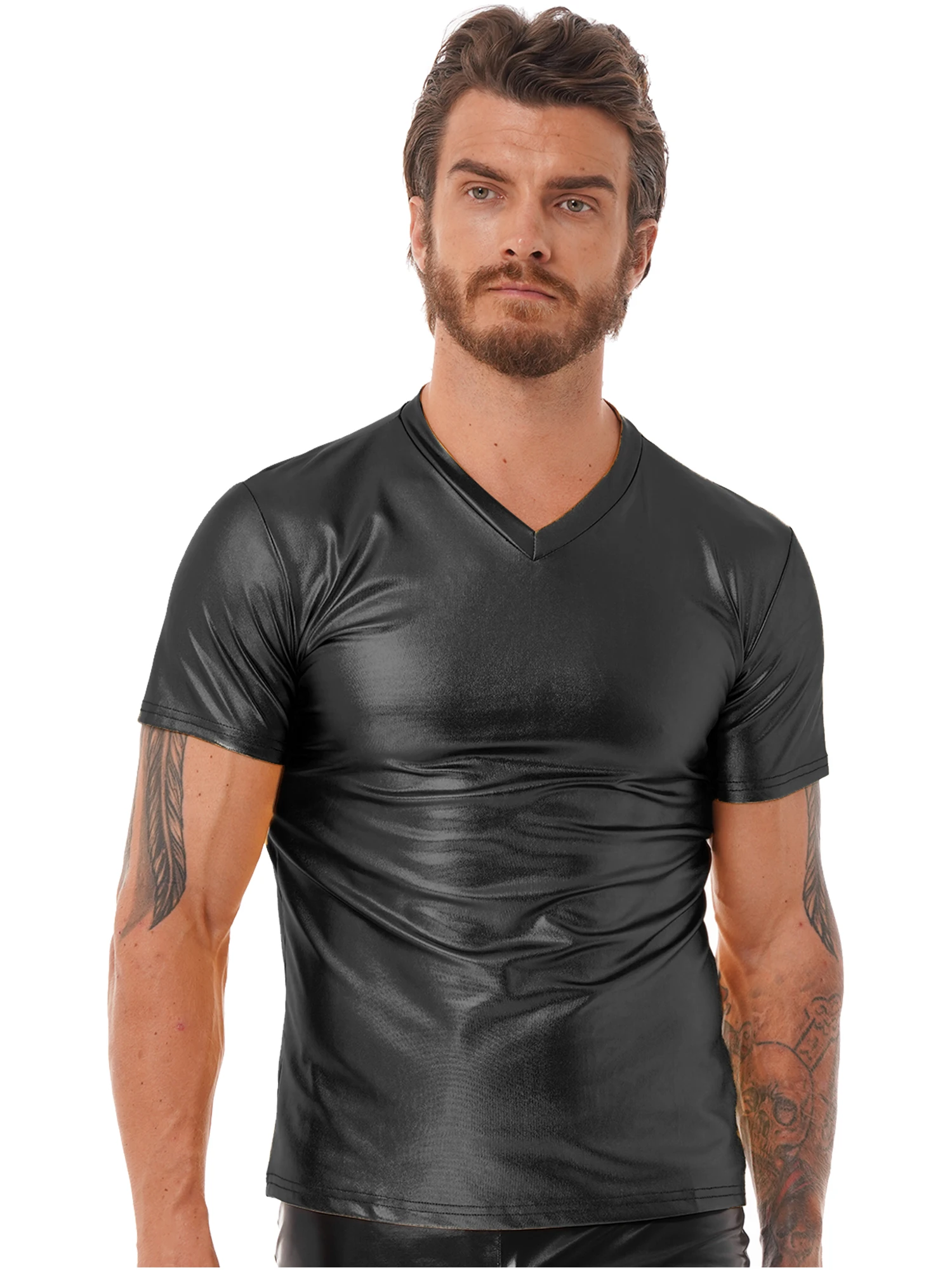 Мужская Блестящая футболка с коротким рукавом и V-образным вырезом | одежда