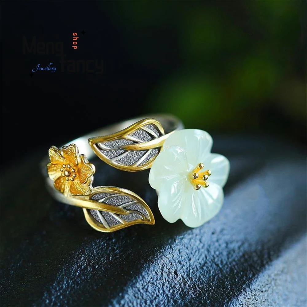 Natural White Hetian Jade Flower Ring 925 Silver Jewelry Eternity  Couple Luxury Promise Adjustable Rings Gift For Girlfriend images - 6