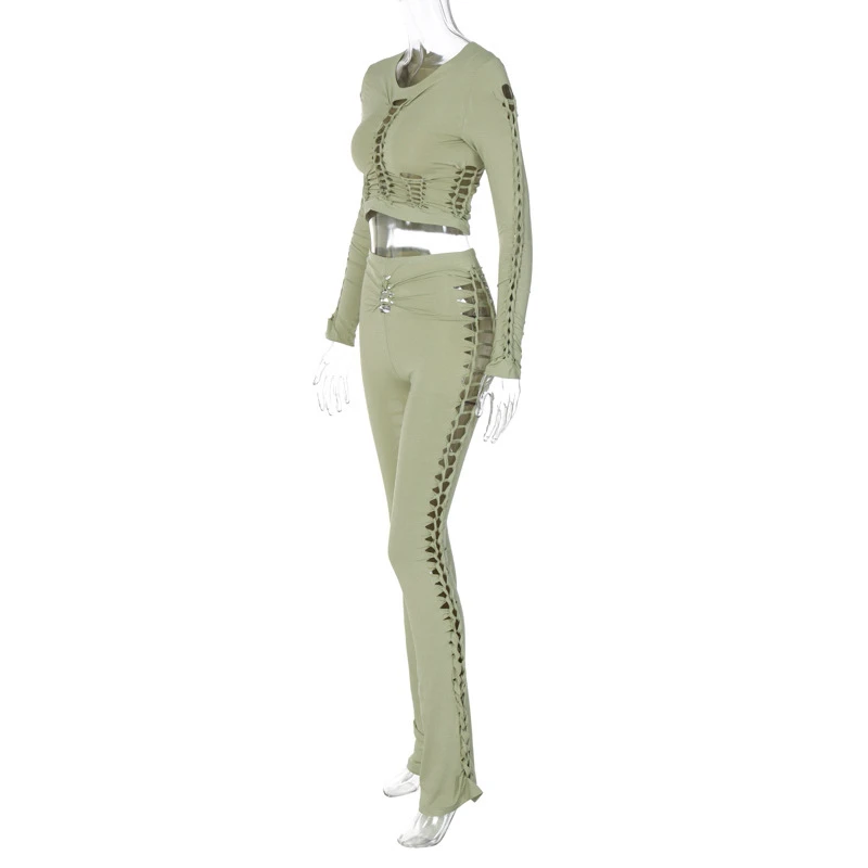 Women Tracksuits Sexy Long Sleeve Crop Top High Waist Pencil Pants Slim Jogging Suits Hollow Out Bandage 2 Piece Sets