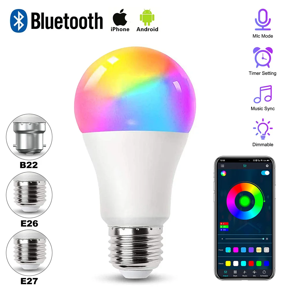 

B22 E26 E27 LED Light Bulbs RGBWW Color Changing Smart Bulb 9W lampada inteligente AC85-265V Dimmable Music Lamp Home Lighting