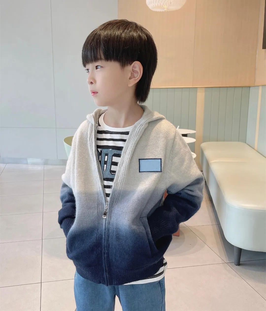

Fall Boys Fashion Jacket Gradient Tie Dye Wool Zip Sweater Jacket kids Coat