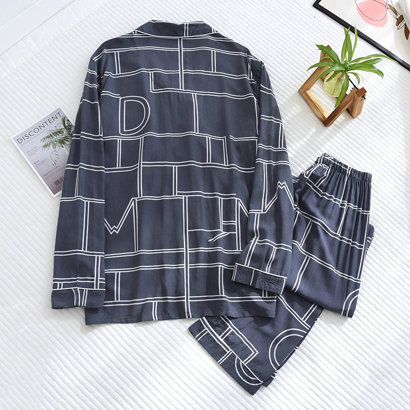 New Spring Summer Male Thin Plus Size Nightwear Geometric Cardigan Homewear Long Sleeved Trousers Viscose Pajamas For Men Sets