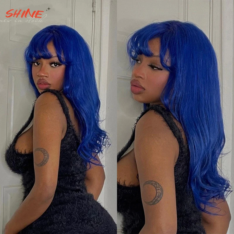 Ed Navy Blue Body Wave Glueless Cosplay Bang Wig Synthetic Cheap Wig For Woman Use For Cosplay Party Helloween Fake Hair
