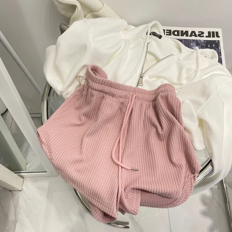 Women's Shorts U-shaped Hem Loose High Waisted Sports Shorts Korean Casual Lace Up Drawstring Solid Hot Pants Female Bottoms2023