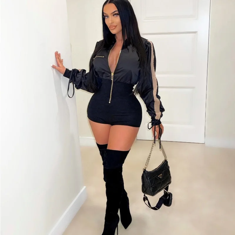 

Contrasting color Zipper Jumpsuits Women Fashion Long Sleeve Patchwork Bodycon Playsuit Rompers Women Clothes