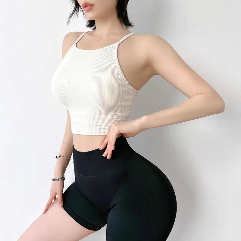 MITAOGIRL Spaghetti Straps Ribbed Yoga Vest with Chest Pad Shockproof Sports Vest for Women Tank Top Gym Fitness Vest Summer