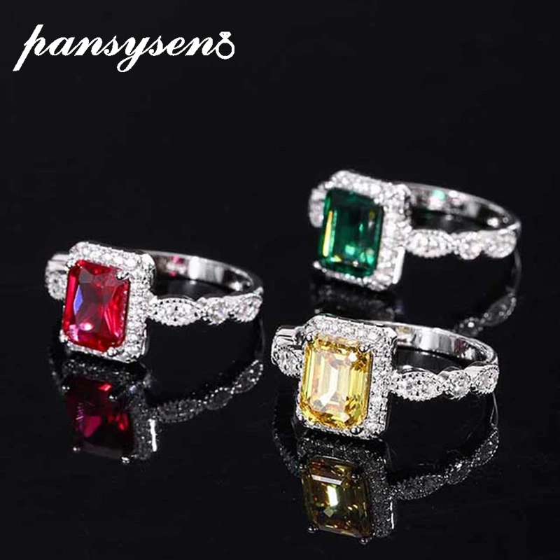 

PANSYSEN 100% 925 Sterling Silver 6x8MM Emerald Ruby Citrine Simulated Moissanite Gemstone Ring for Women Fine Jewelry Wholesale