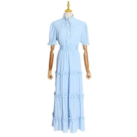 elegant maxi long dress 2022 summer autumn new stand collar short sleeve solid color ruffle casual dress with belt high quality