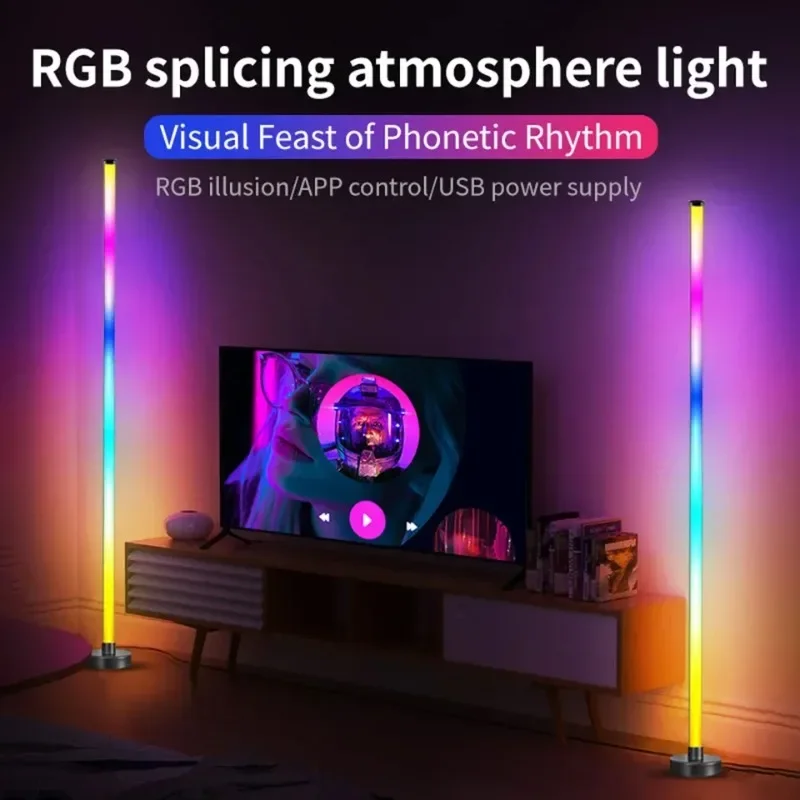 Фото Умный светодиодный торшер RGB с дистанционным и APP-управлением, синхронизация с музыкой, угловое освещение, таймер, современная лампа для создания атмосферы в гостиной и для гейминга №2