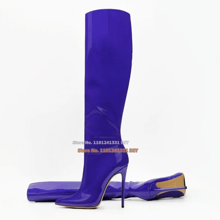 Red Bright Glossy Patent Leather Pointed Toes Knee High Boots Women Handcrafted Stiletto Heeled Long Bota High Heel Shoes