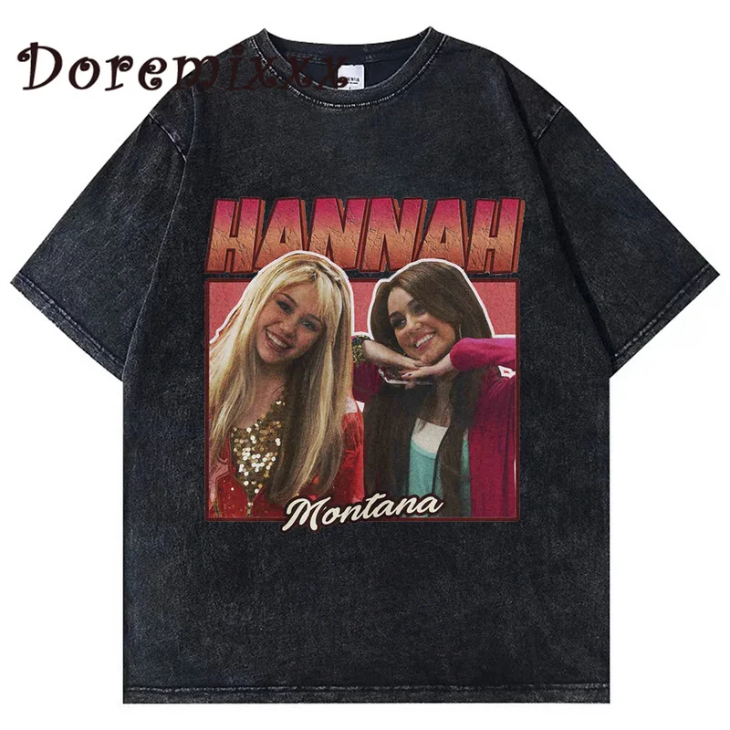 

Movie Hannah Montana Washed T Shirt Men Hip Hop 100% Cotton O-Neck Short Sleeve Graphic Tee Shirts Loose Y2k Oversized T-shirts