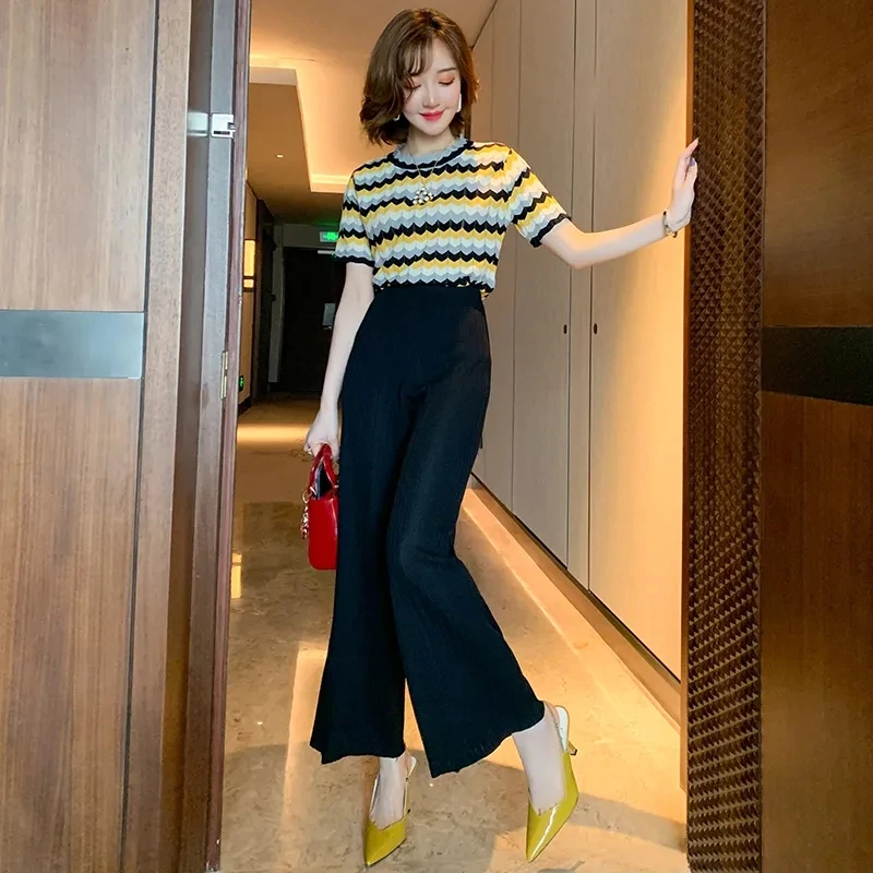 Летний модный Трикотажный костюм из двух предметов Женский Повседневный