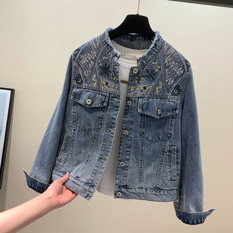 

Beaded Fashion Jean Jacket Women's 2023 Spring New Vintage Embroidery Denim Short Jacket Long Sleeve Top