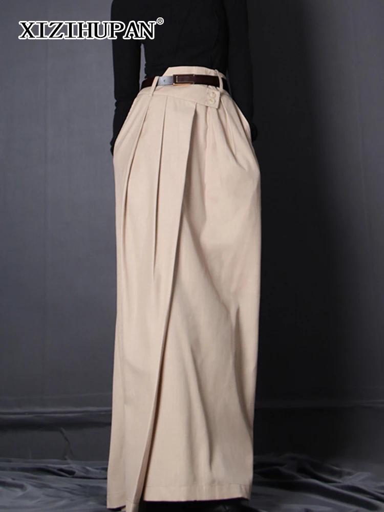 

XIZIHUPAN Solid Temperament Skirt For Women High Waist Fold Pleated Irregular Patchwork Belt Loose Skirts Female 2022 Spring New