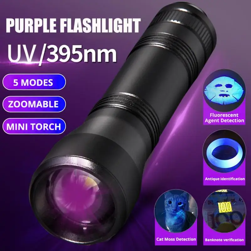 LED UV Flashlight Purple Flashlights Ultraviolet Torch Zoom 395nm Lamp Fluorescent Agent Detection UV Detection Lamp With 18650