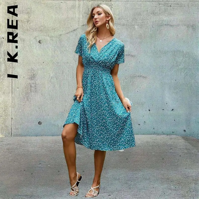 

Женское платье-трапеция с цветочным принтом, V-образным вырезом и коротким рукавом