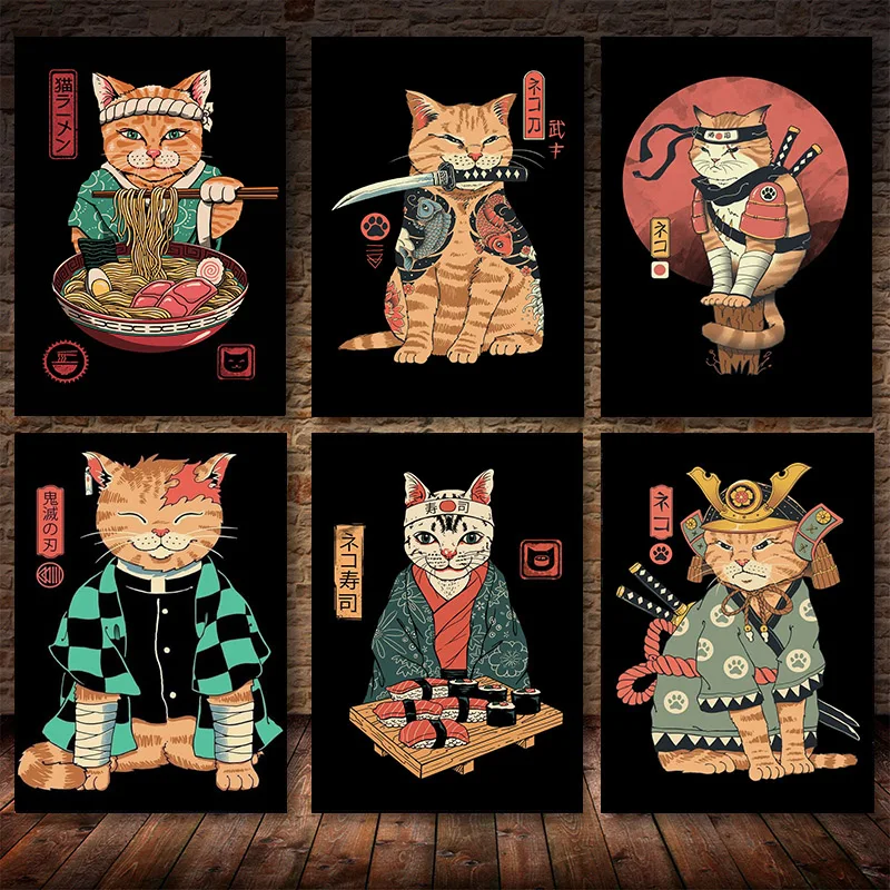 

Забавная японская кошка самурая картина классические суши и кошки настенные картины для гостиной украшение для дома