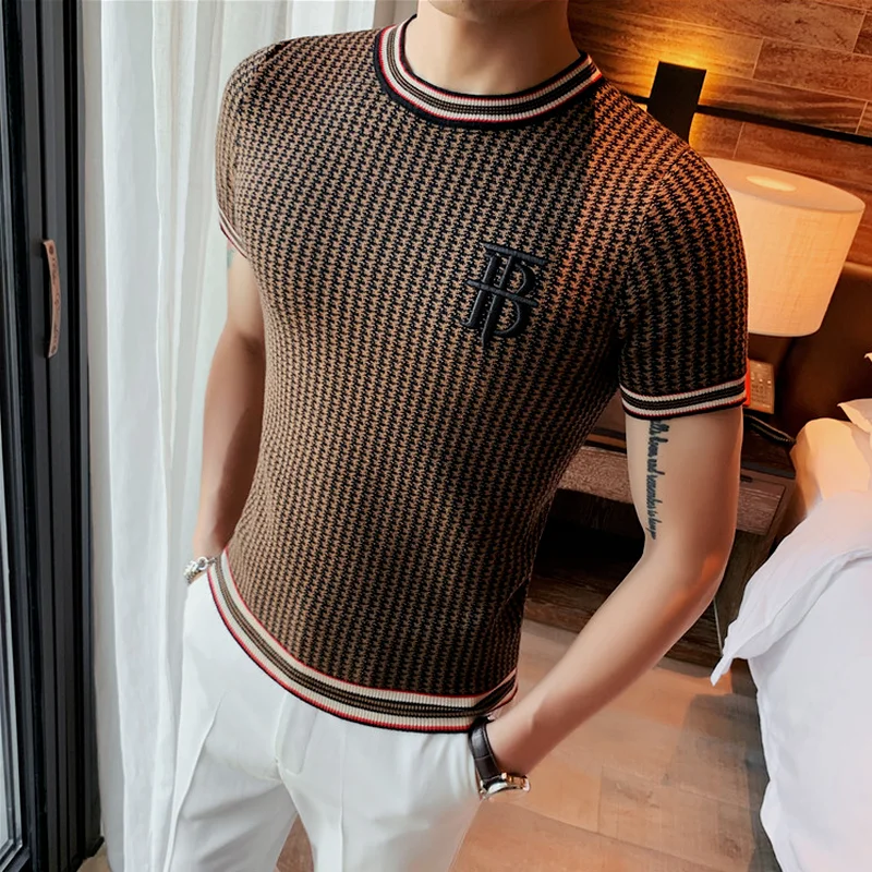 

Houndstooth Men's Short Sleeve Knit T-shirt 2022 Summer High Quality Casual Slim Fit O Neck T-shirt Fashion Brand Male Clothing