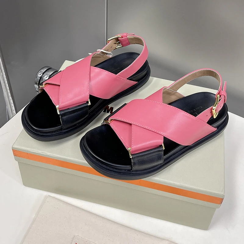 

Genuine Leather Women Shoes 2022 Summer Female Solid Fashion Hook&loop Flat Sandals Ladies Classic Vintage Outdoor Sandalias