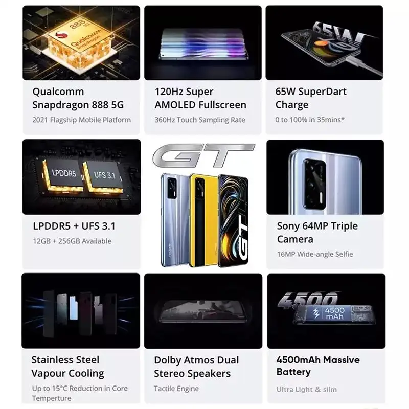 global version realme gt 5g phone snapdragon 888 65w super dart charge 120hz 6 43 amoled 12gb 256gb nfc 4500mah smartphone free global shipping