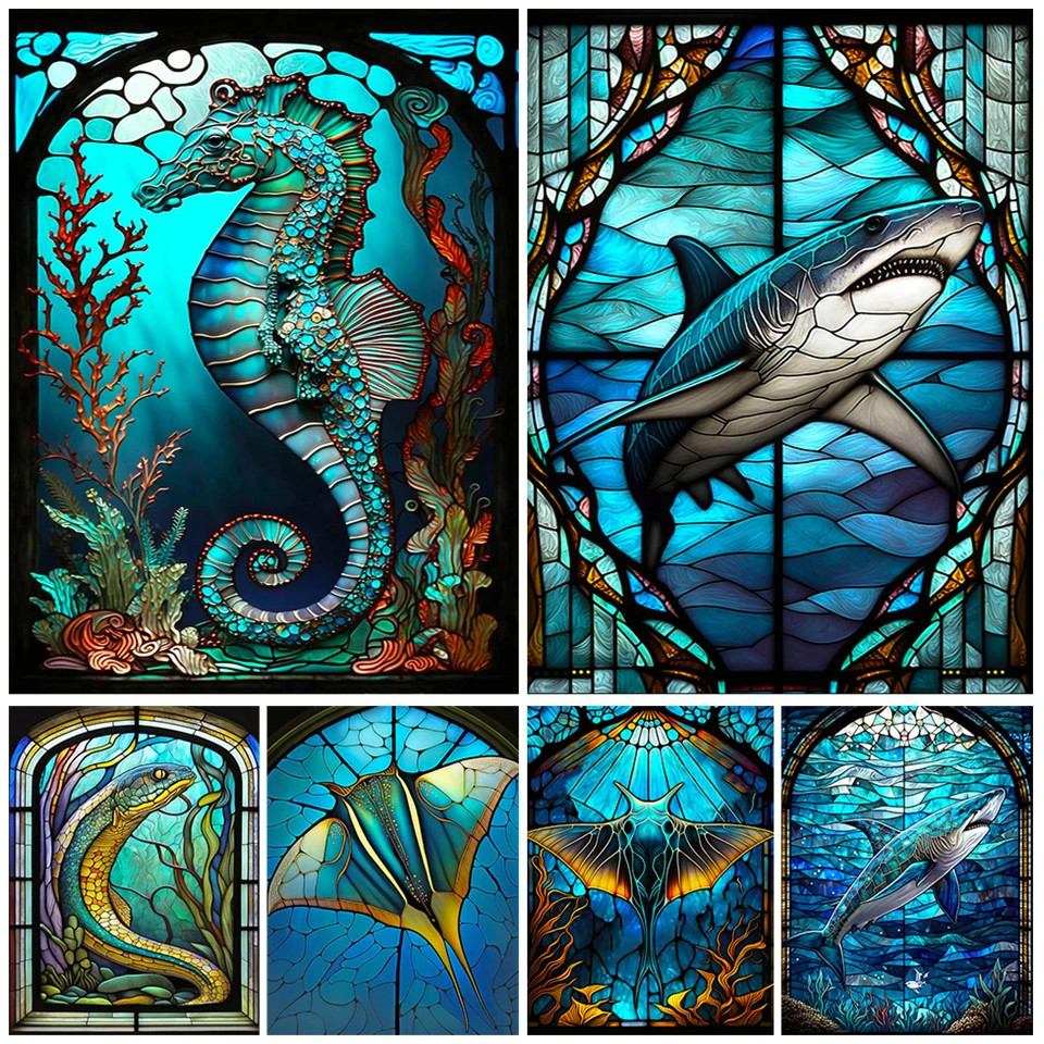 

Under Glass Diamond Painting Marine Organism 5D DIY Diamond Mosaic Seahorse Eel Shark Cross Stitch Beads Embroidery Wall Decor
