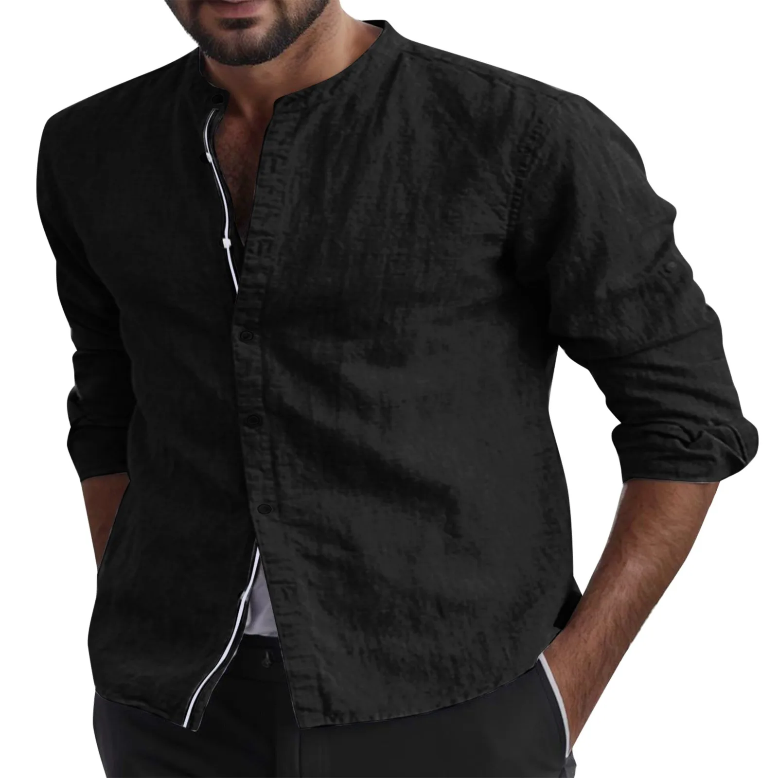 

Sportswear Shirts Man'S Solid Color Stand Collar Long Sleeve Button Shirt Casual Daily Wear Workout Leisure Clothing For Mens