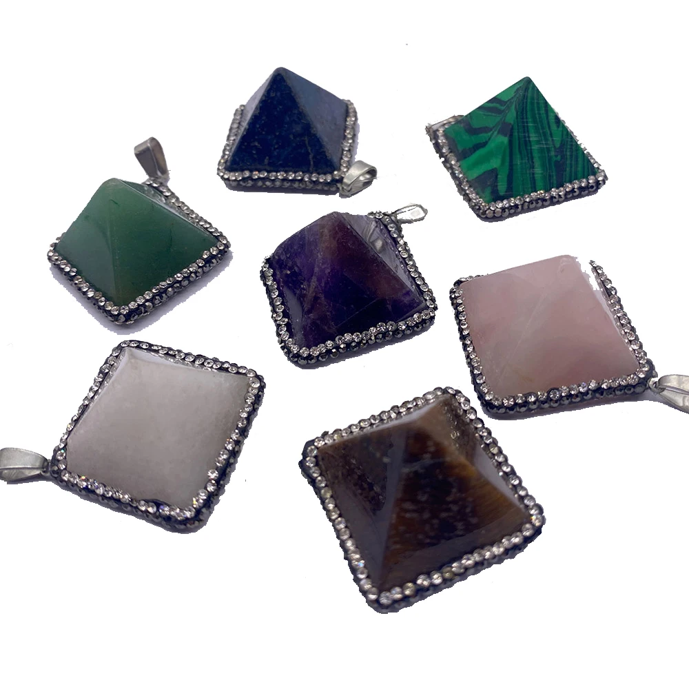 

Natural Stone Pendant Amethyst Malachite Inlaid Rhinestones Fine Charm DIY Necklace Accessories Jewelry Making Supplies Rhombus