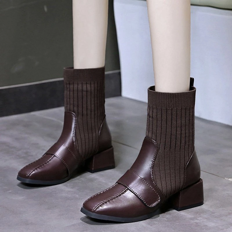 

2023 Autumn Winter Women's Boots Knitted Elastic Socks Boots Square Toe Chunky Heel Boots Fashion Ankle Boots Chelsea Boots