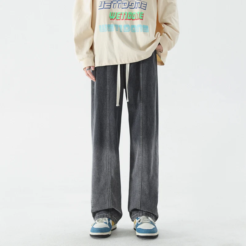 CAAYU New Korean Fashion Jeans Men's Baggy Classic Japanese Streetwear Straight-leg Denim Wide-leg Pants Male Black Gray Jeans