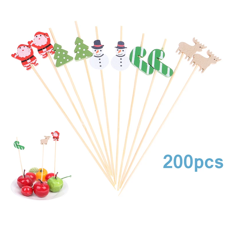 

200 Pcs Christmas Bamboo Sticks Picks Snack Food Picks Xmas Party Fruit Fork Snowman Snowflake Santa Deocr Toothpick