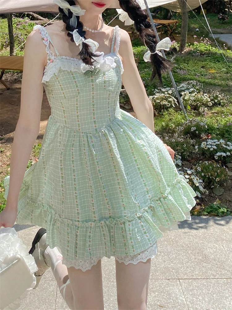 

Plaid Mini Dress Women 2022 Summer Kawaill Clothing Lolita Short Party Strap Dress Lady Sleeveless Elegant One Piece Dress Korea