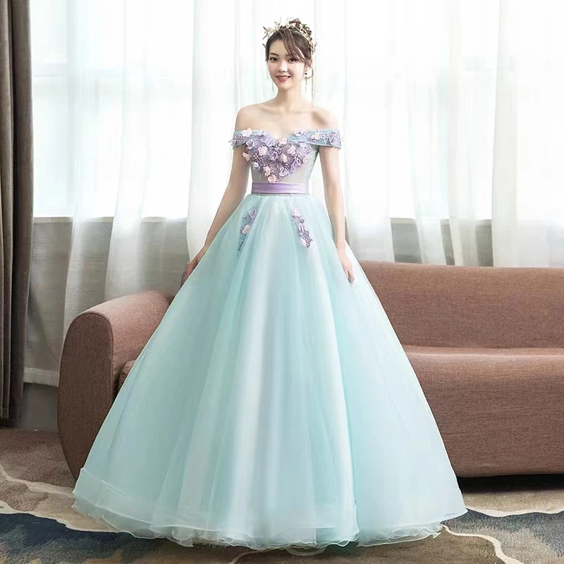 

Mint Green Ball Gown Quinceanera Dresses Off Shoulder Flowers Appliques Sweet 16 Dress Lace -up Vestido 15 Anos