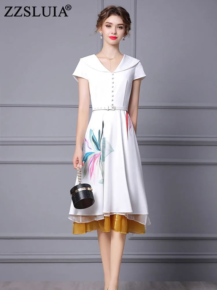 

ZZSLUIA Women's Elegant Dresses Printed Mesh Ruffles Designer Puff Sleeve Slim Ball Gown Dress Fashion Summer Midi Dress Female