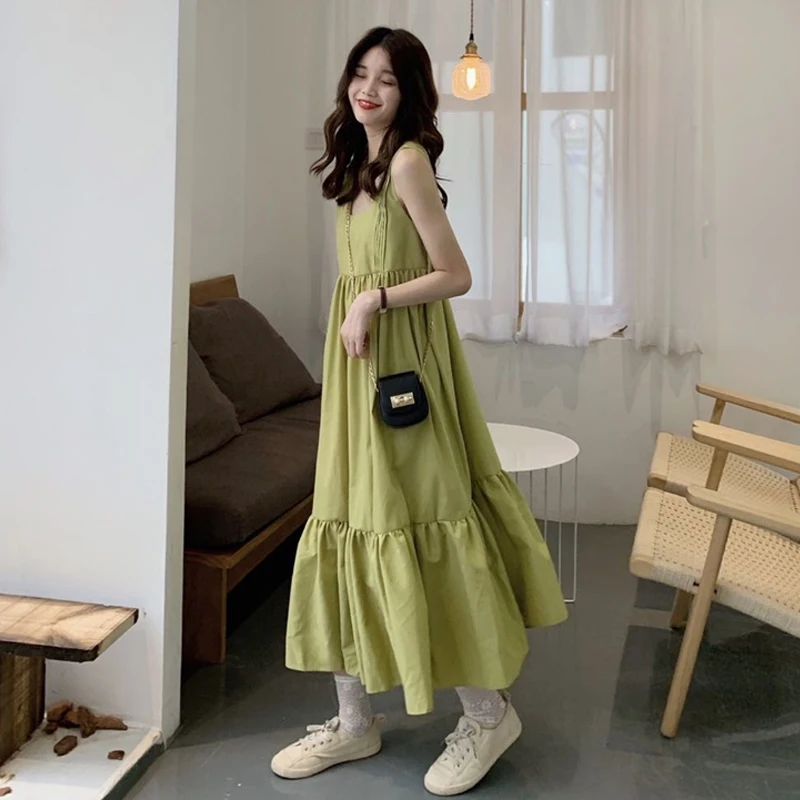 

Платья COIGARSAM женские свободные подтяжки с квадратным воротником черные зеленые платья Прямая поставка