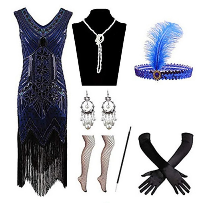 

Vintage 20's Gatsby Sequin Fringed Paisley Flapper Dance Dress with Jewelry Accessories Set Sequin Beaded Tassels Dress