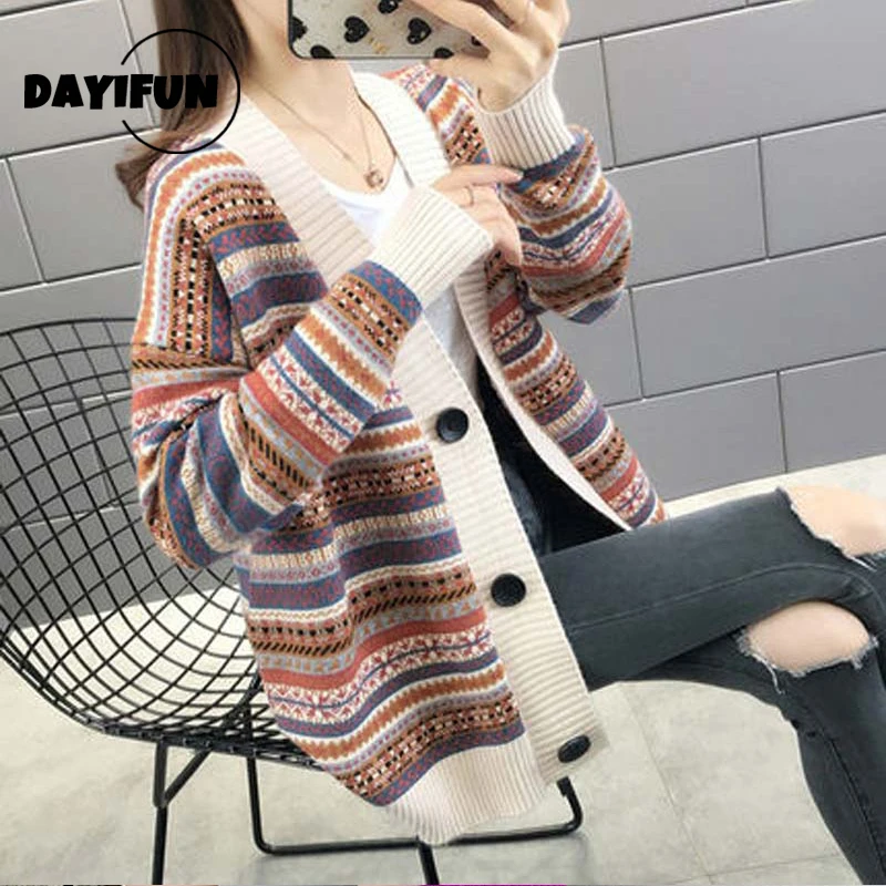 

DAYIFUN Knitted Cardigan Women Autumn Vintage Fashion Loose Popular Leisure V-neck Sweater Single Breasted Sweaters Coats Female
