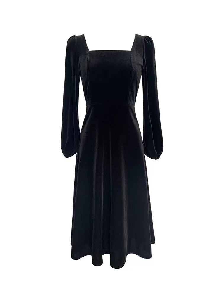 

Long Sleeve Dress Women High Waist French Square Collar Female Simple Trendy Korean Style Leisure Slim Black Dress