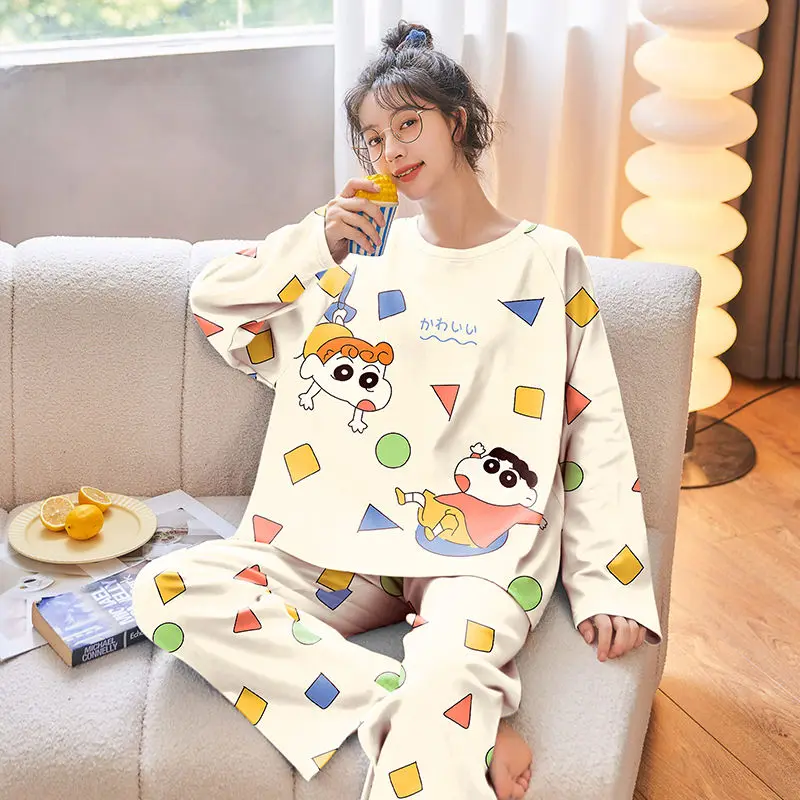 Cartoon Crayon Shinchan Pajamas Set Female Long Sleeve Round Neck Casual Round Neck Homewear Set