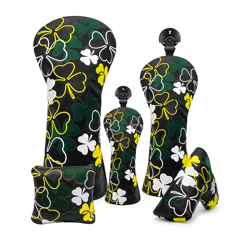 Drop Shipping Golf Club Headcovers Lucky Clover White Premium Leather Head Covers Set Golf Club Headcovers for Driver Fairway