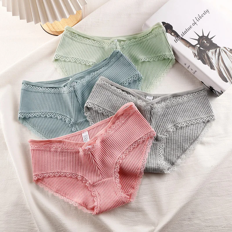 

Low Rise Cross Strap Cotton Underwear Women Girl Ribbed Breathable Sexy Hollow Out Lace Ruffles Panties Briefs Calzones Mujer