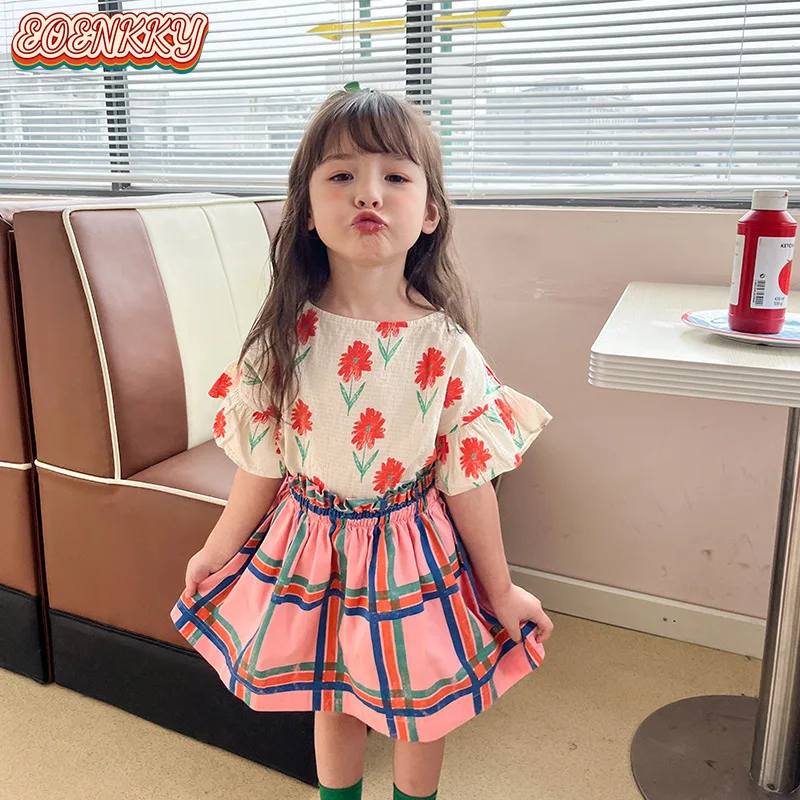 Клетчатая юбка комплекты для девочек BC свободные рубашки и блузки с вышивкой