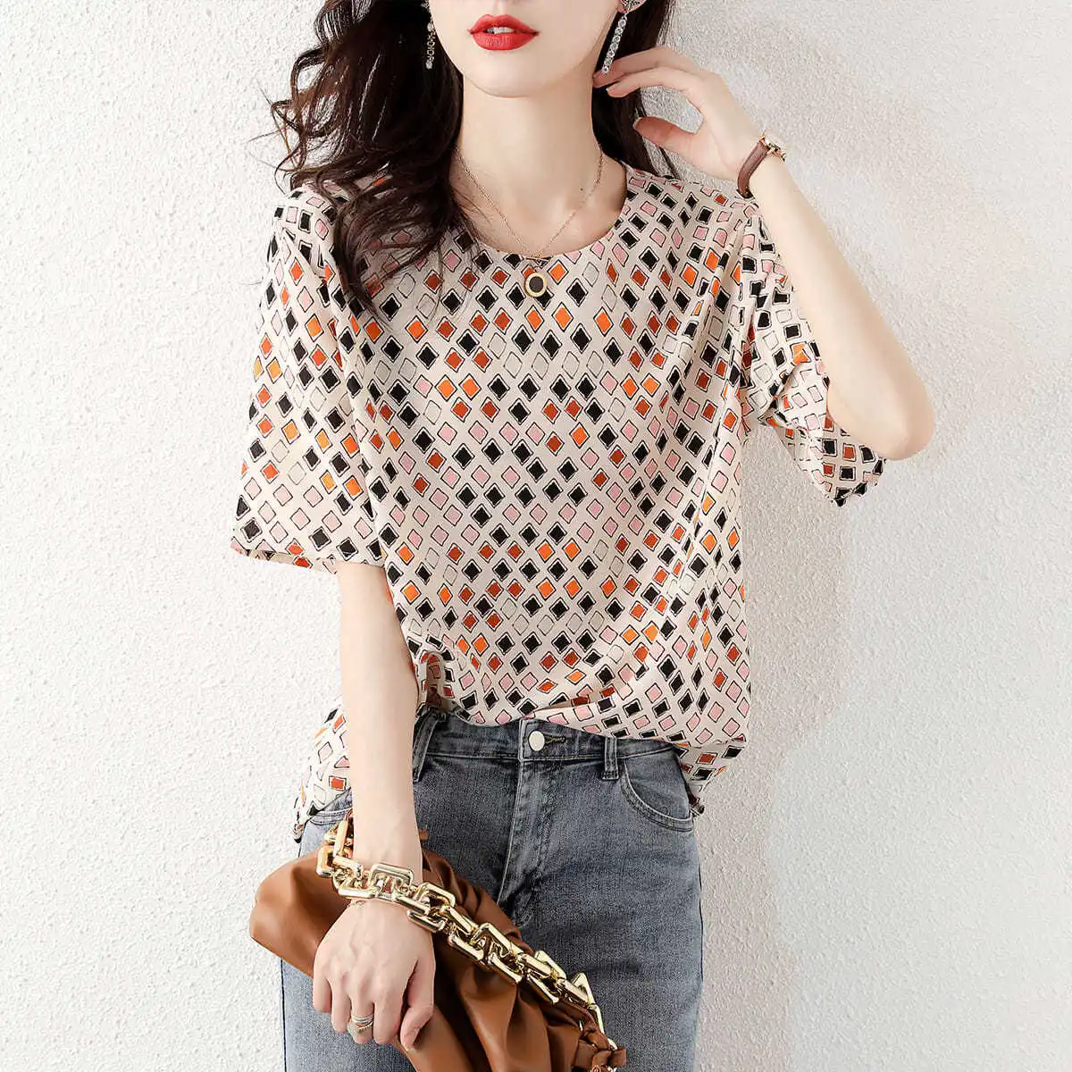 

New Summer Chiffon Shirt Fashion Casual O Neck Loose Pullovers Top Korean Rhombic Design Short Sleeve Women's T-shirt