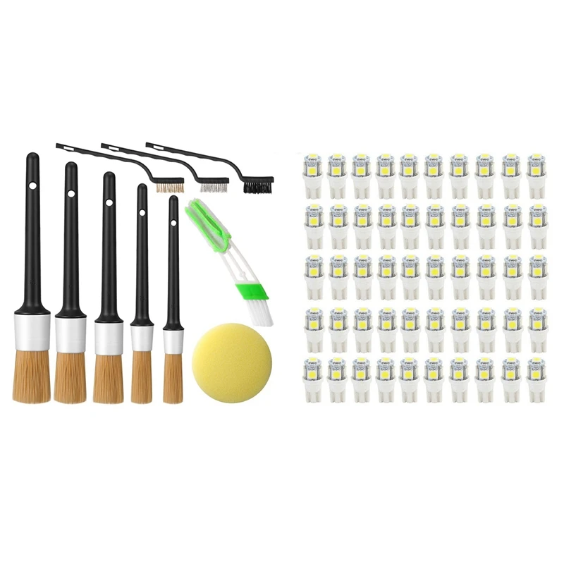 

11PCS Auto Detailing Brush Set Car Interior Cleaning Kit With 50Pcs Super White T10 Wedge 5-SMD 5050 LED Light Bulbs