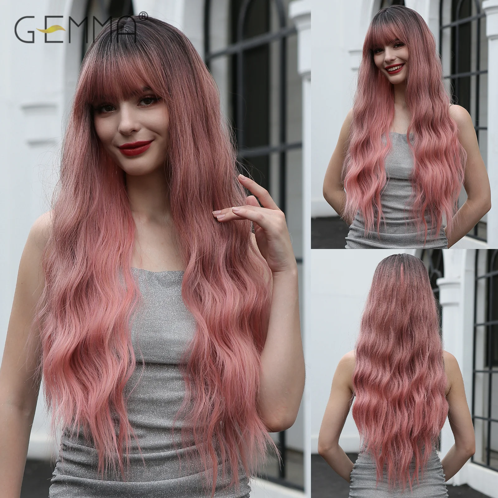 

GEMMA Pink Ombre Synthetic Wavy Wig with Bangs Long Curly Wigs for Women Natural Cosplay Party Hair Wig Heat Resistant Fibre